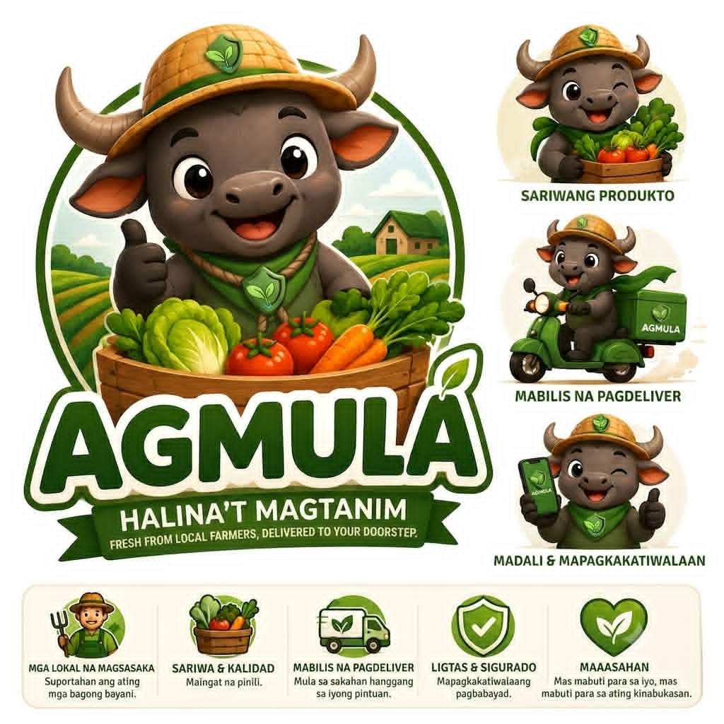AGMULA agricultural marketplace mascot and brand graphics